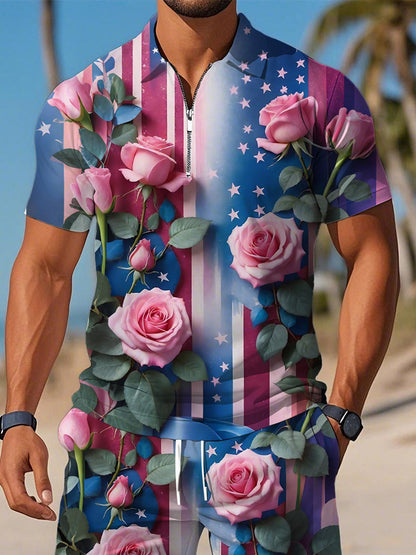 Independence Day American Flag Rose Print Men's Short Sleeve Zipper Polo