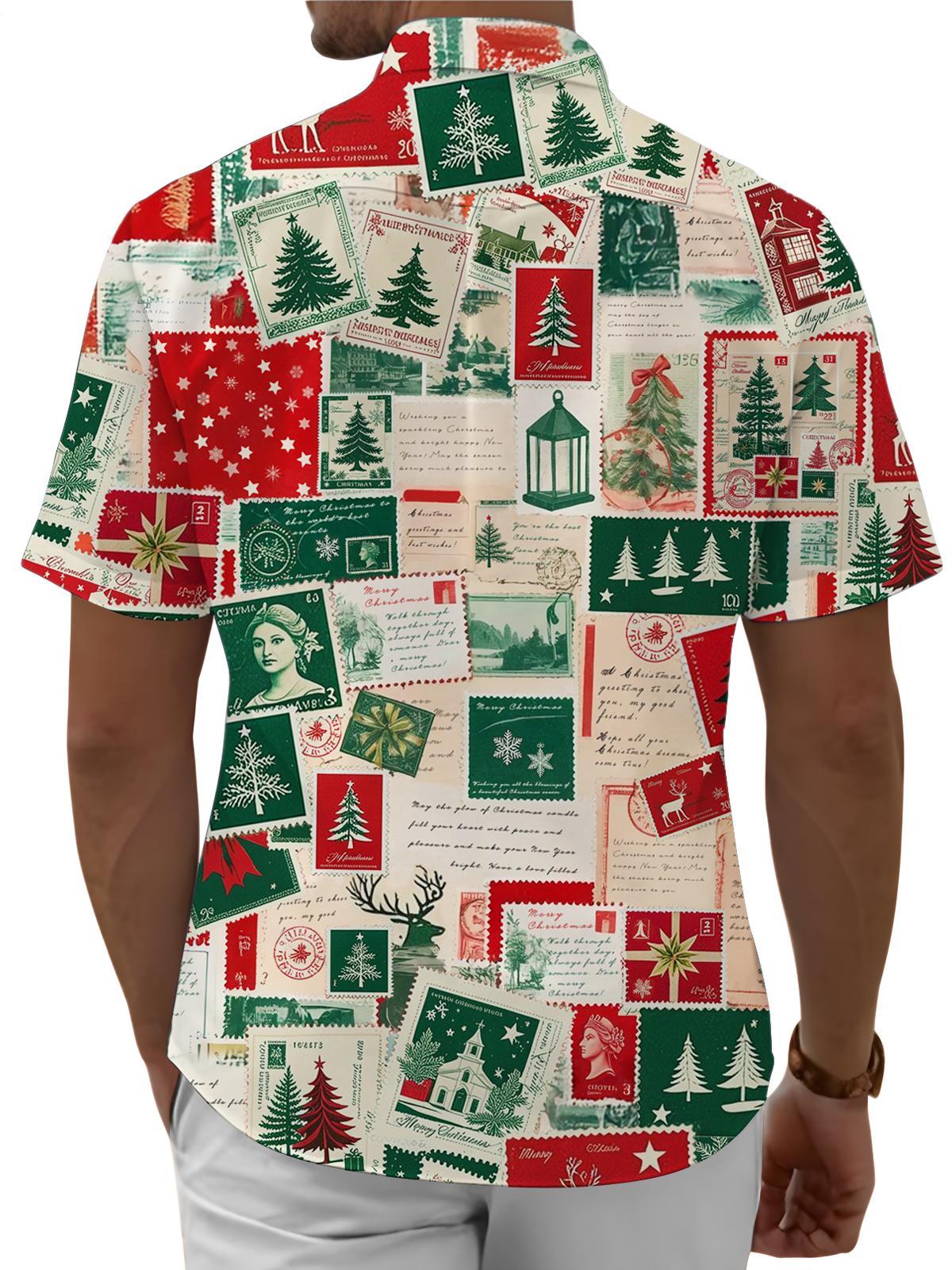 Men Christmas Shirt Button Down Vintage Stamp Christmas Print Lapel Collar Button Down Shirts for Beach Vacation Travel responsible