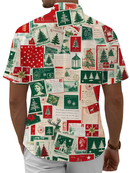 Men Christmas Shirt Button Down Vintage Stamp Christmas Print Lapel Collar Button Down Shirts for Beach Vacation Travel responsible