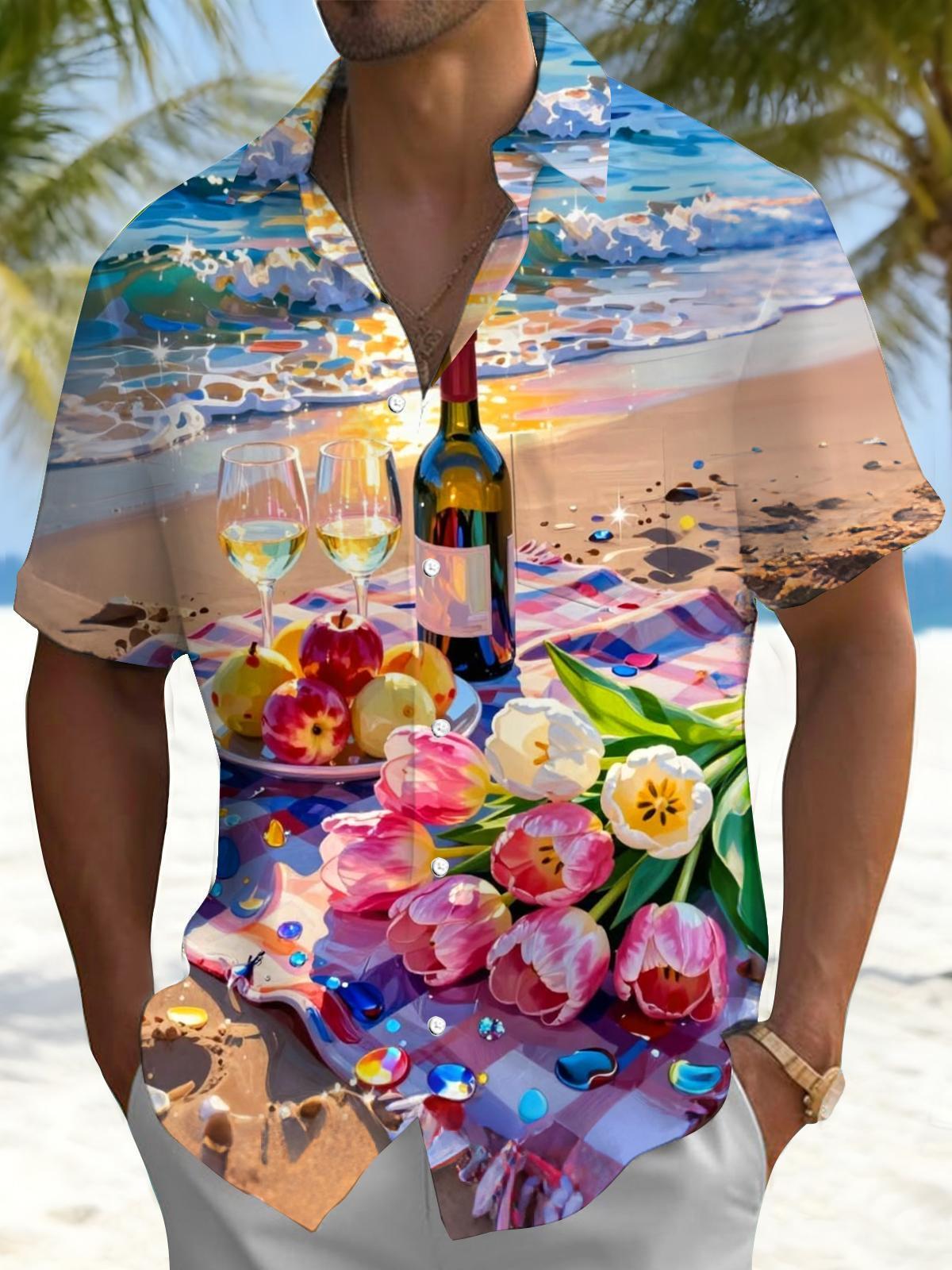 Seaside Beach Red Wine Tulip Print Men's Pocket Short Sleeve Shirts
