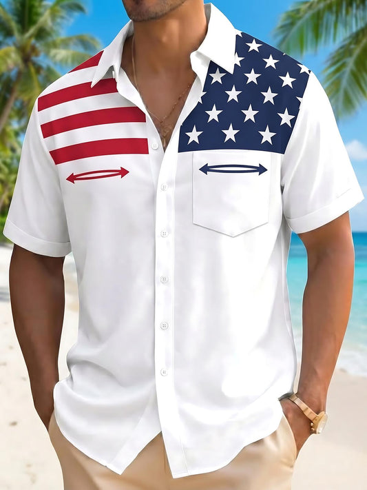 Independence Day American Flag Print Men's Pocket Short Sleeve Shirts