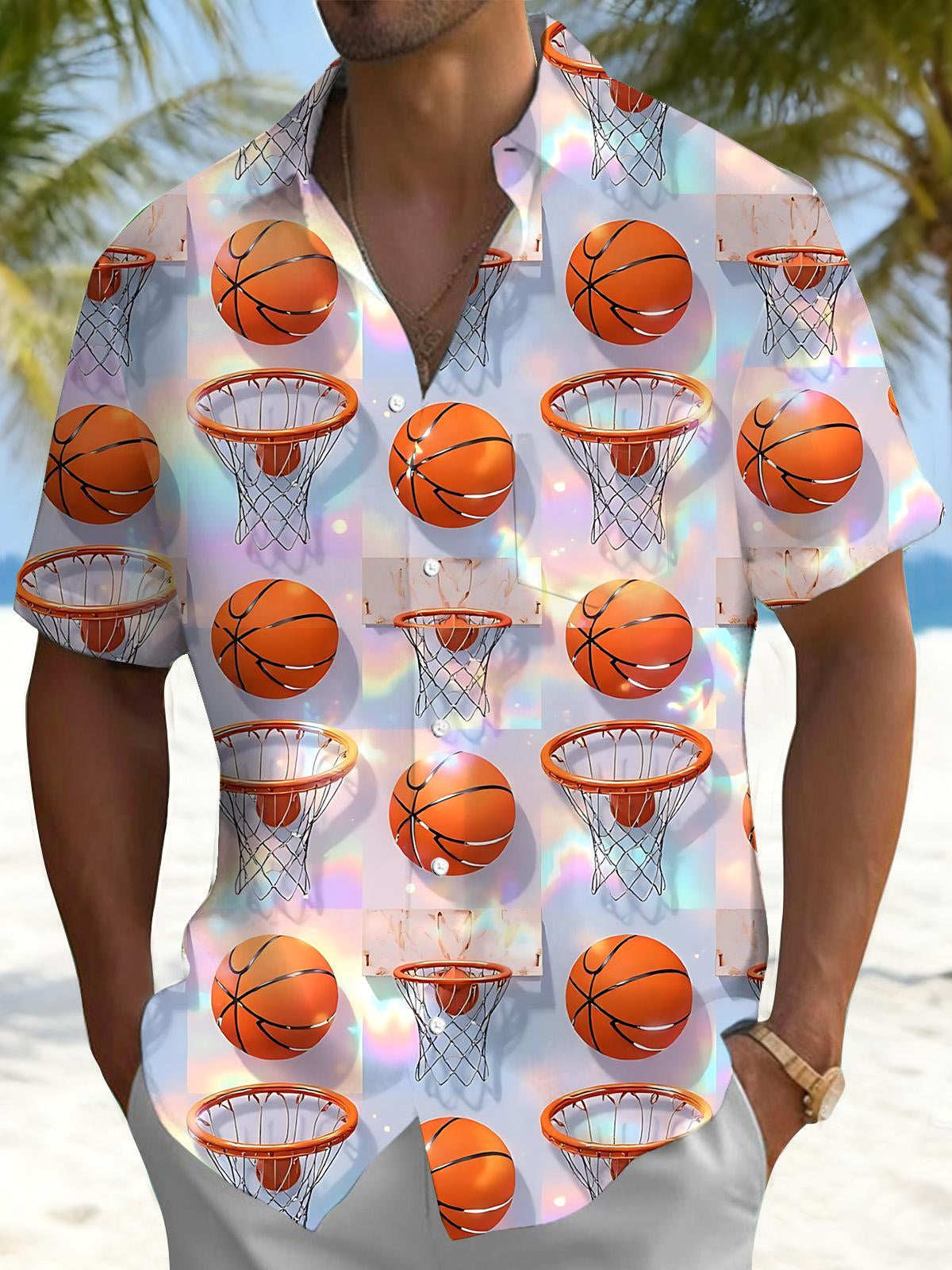 Basketball Print Men's Pocket Short Sleeve Shirts