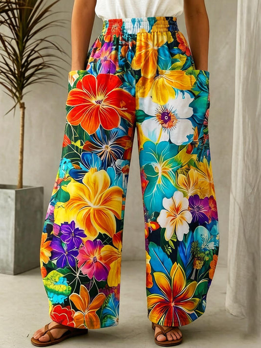 Colorful Tropical Flower Print Casual Pants