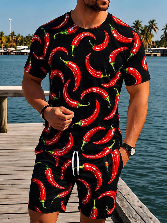 Red Chili Pepper Men's Short Sleeve Round Neck T-shirt And Shorts Set