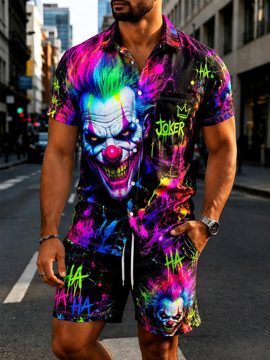 Neon Colorful Joker Graffiti Men's Short Sleeve Pocket Shirts And Shorts Set