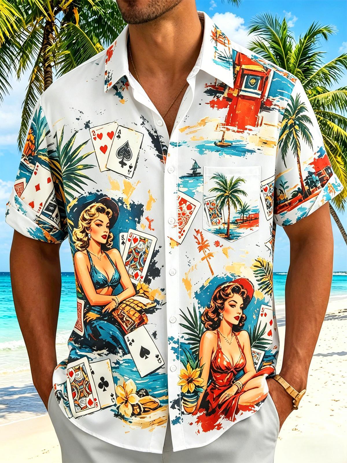 Hawaiian Gradient Poker Cards Vintage Beauties And Leaf Men's Pocket Short Sleeve Shirts