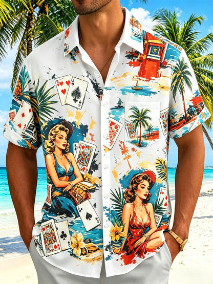 Hawaiian Gradient Poker Cards Vintage Beauties And Leaf Men's Pocket Short Sleeve Shirts