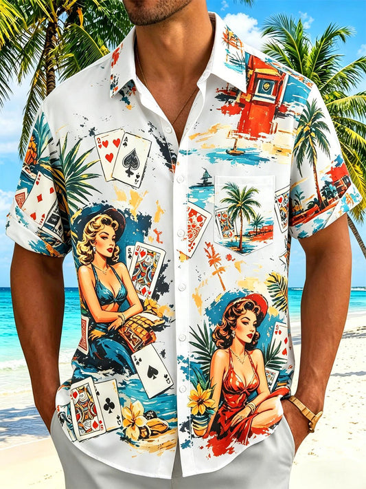 Hawaiian Gradient Poker Cards Vintage Beauties And Leaf Men's Pocket Short Sleeve Shirts