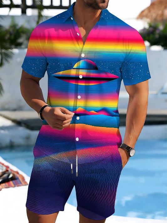 UFO Alien Men's Short Sleeve Pocket Shirts And Shorts Set