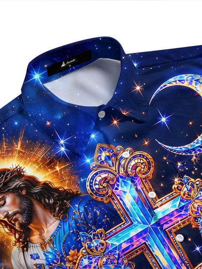 Jesus Cross Religious Starry Sky Men's Pocket Short Sleeve Shirts