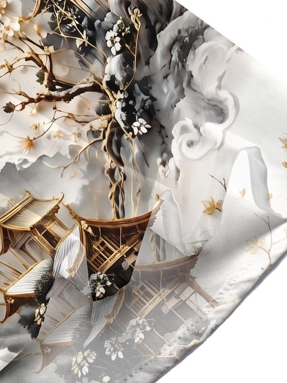 Ink Wash Golden Landscape Lotus Ancient Architecture Art Men's Pocket Short Sleeve Shirts