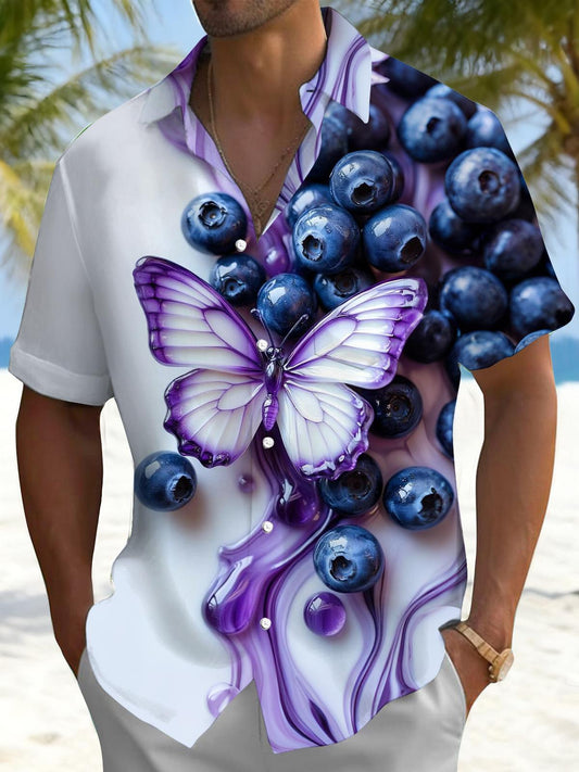 Butterfly Blueberry Print Men's Pocket Short Sleeve Shirts