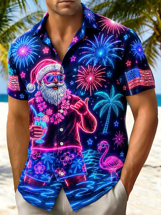 Hawaiian Neon Summer Christmas Flamingo & Palm Tree Men's Pocket Short Sleeve Shirts