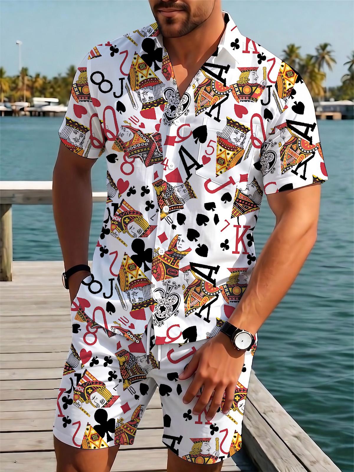 Poker Print Men's Short Sleeve Pocket Shirts And Shorts Set