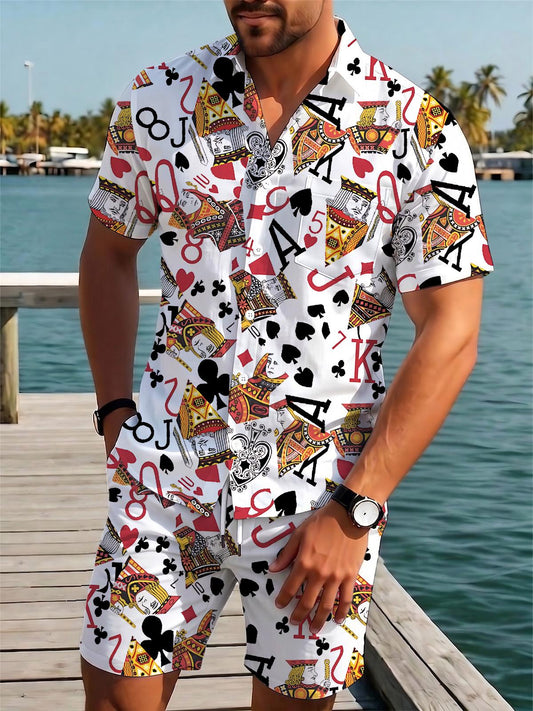Poker Print Men's Short Sleeve Pocket Shirts And Shorts Set