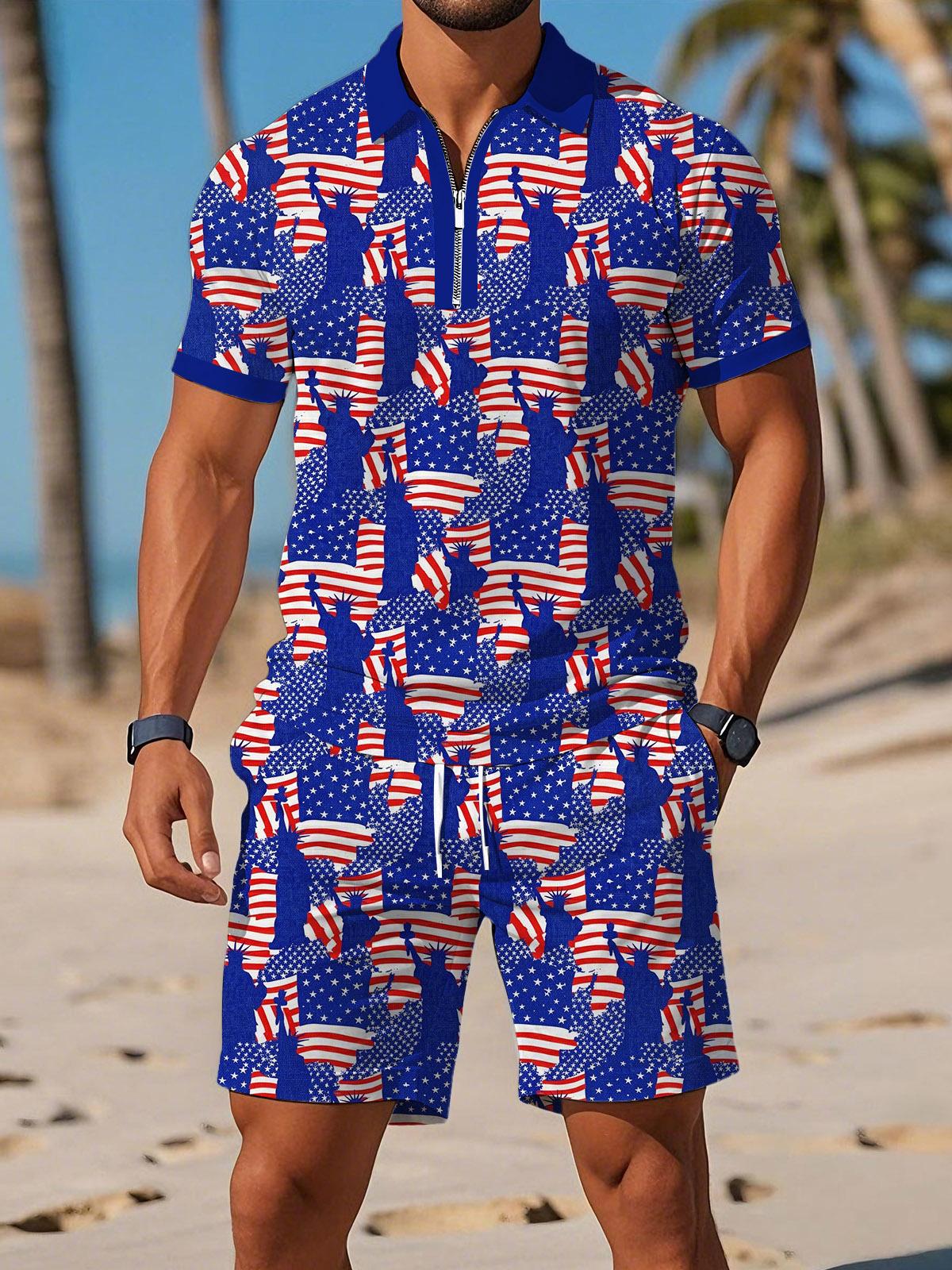 Independence Day American Flag Lady Liberty Print Men's Short Sleeve Zipper Polo And Shorts Set