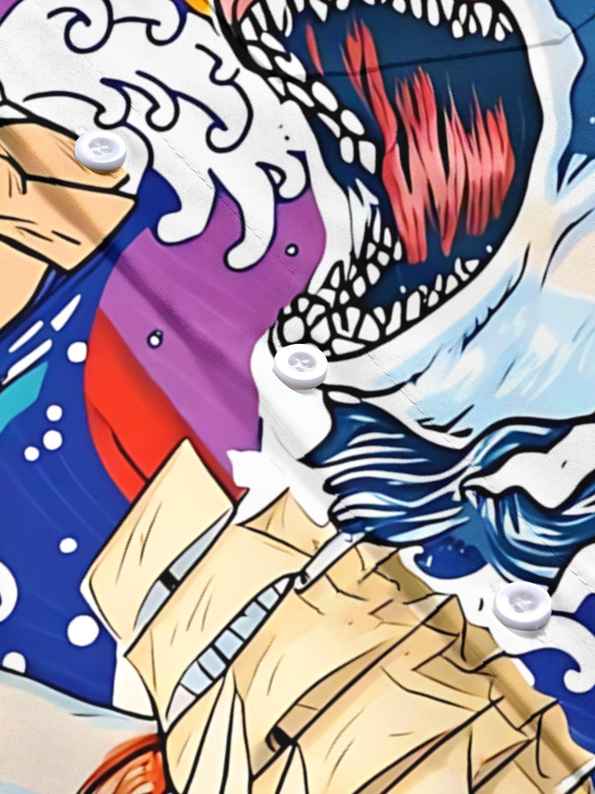 Shark Sailboat Art Print Men's Pocket Short Sleeve Shirts