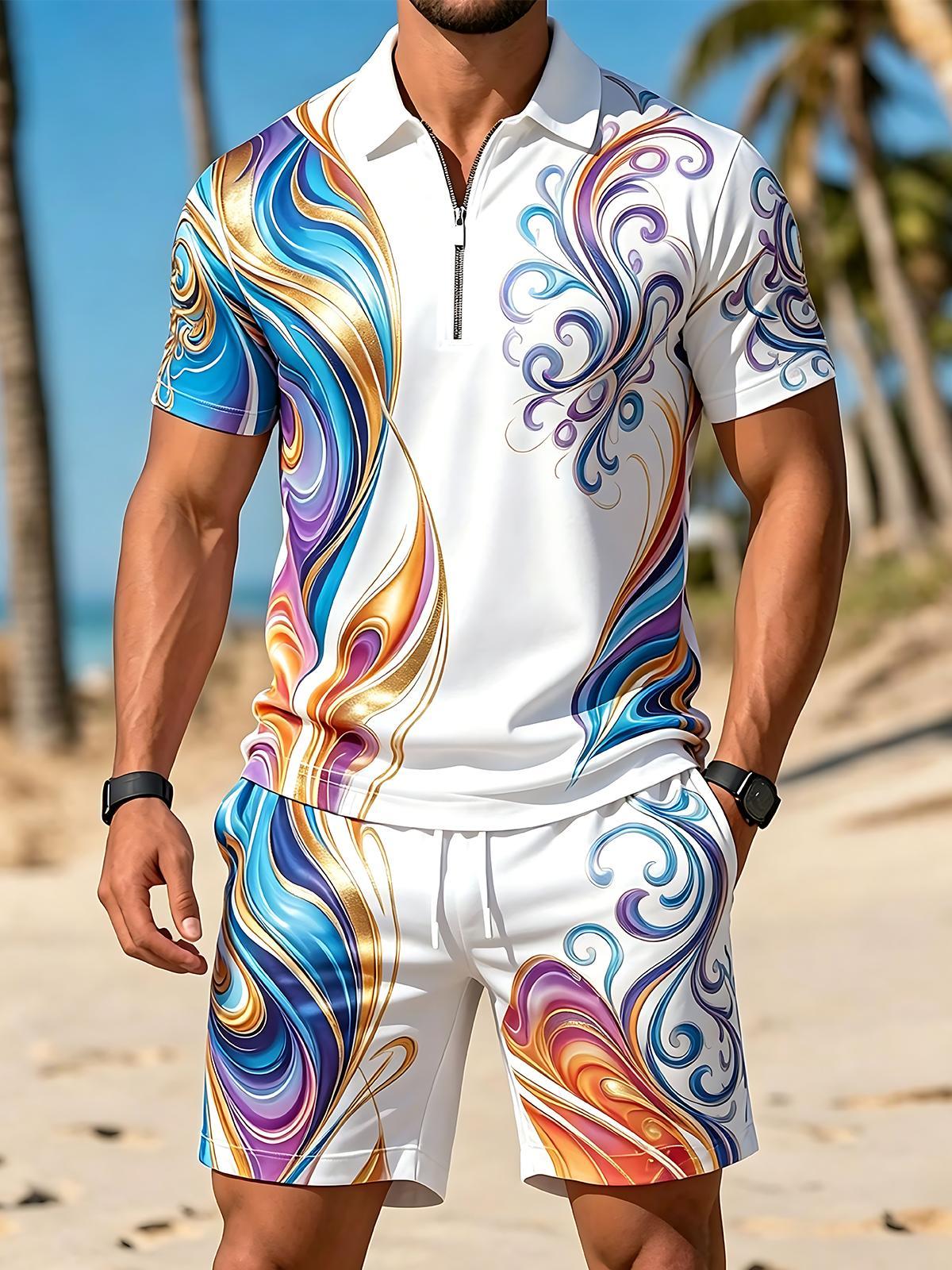 Art Gilded Colorful Swirl Pattern Men's Short Sleeve Zipper Polo And Shorts Set