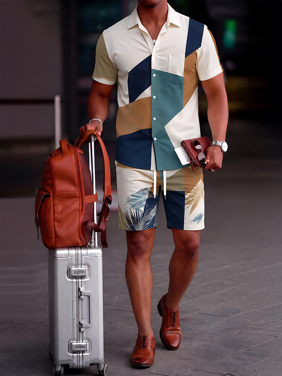 Geometric Color Block Palm Leaves Men's Short Sleeve Pocket Shirts And Shorts Set