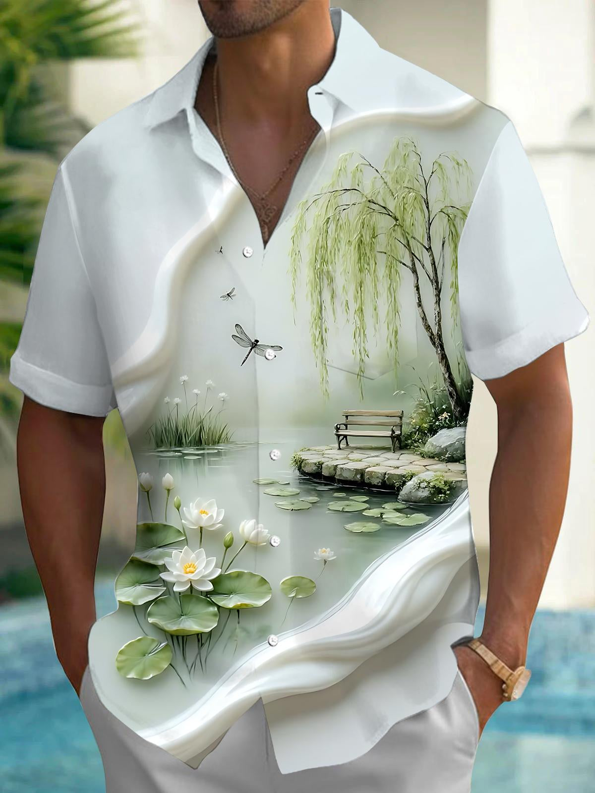 Lotus Pond Landscape Print Men's Pocket Short Sleeve Shirts