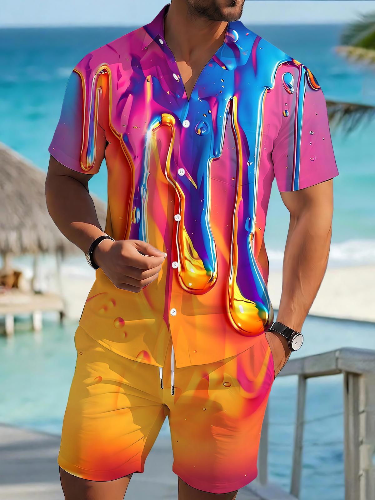 Hawaiian Water Drop Men's Short Sleeve Pocket Shirts And Shorts Set