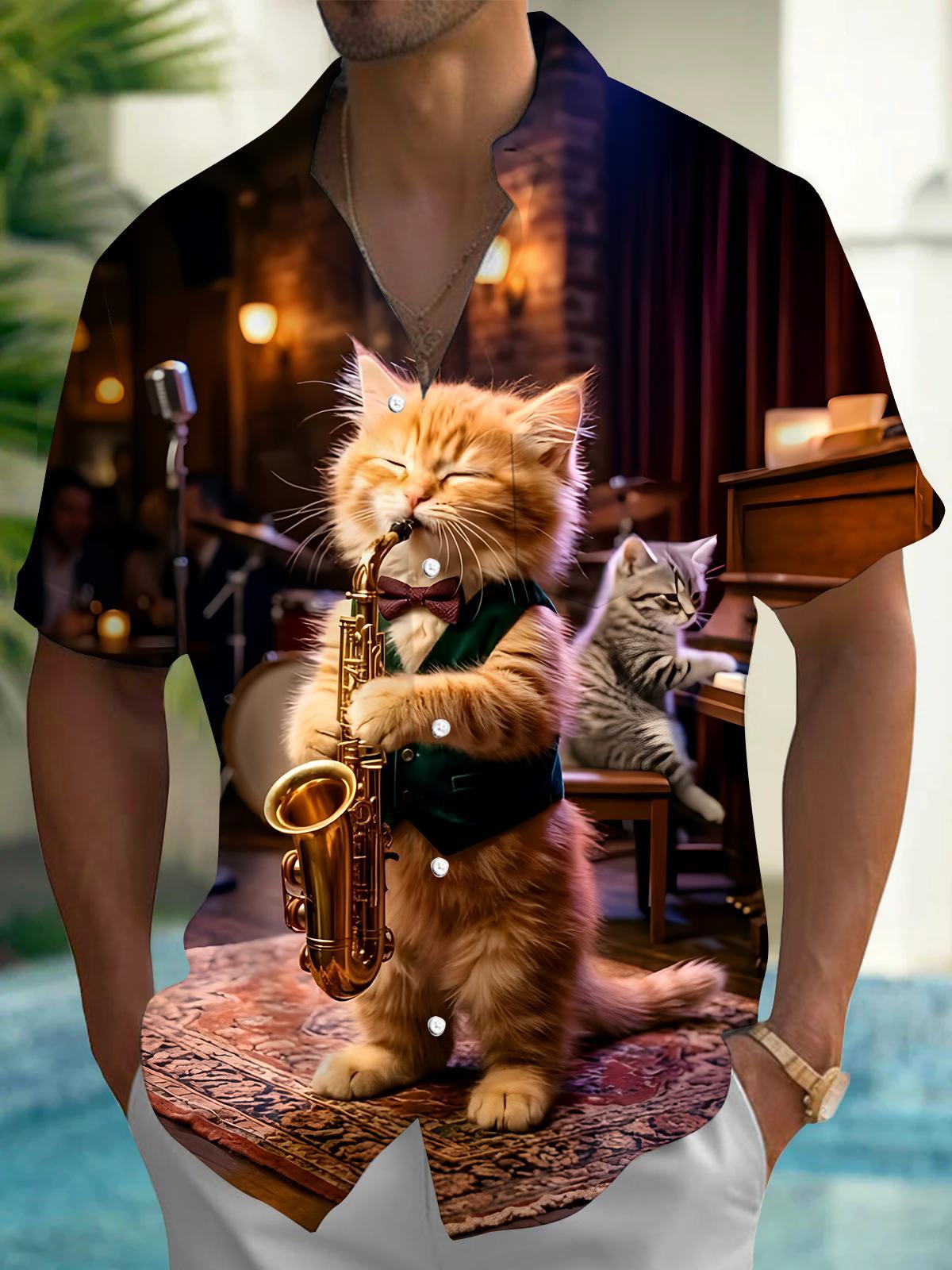 Funn Cat Saxophone Men's Pocket Short Sleeve Shirts