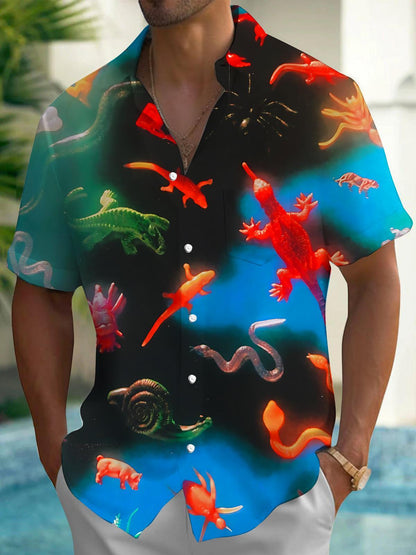 Giant Lizard Print Men's Pocket Short Sleeve Shirts
