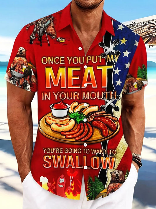 American BBQ Sausage Fun Slogan Independence Day Men's Pocket Short Sleeve Shirts