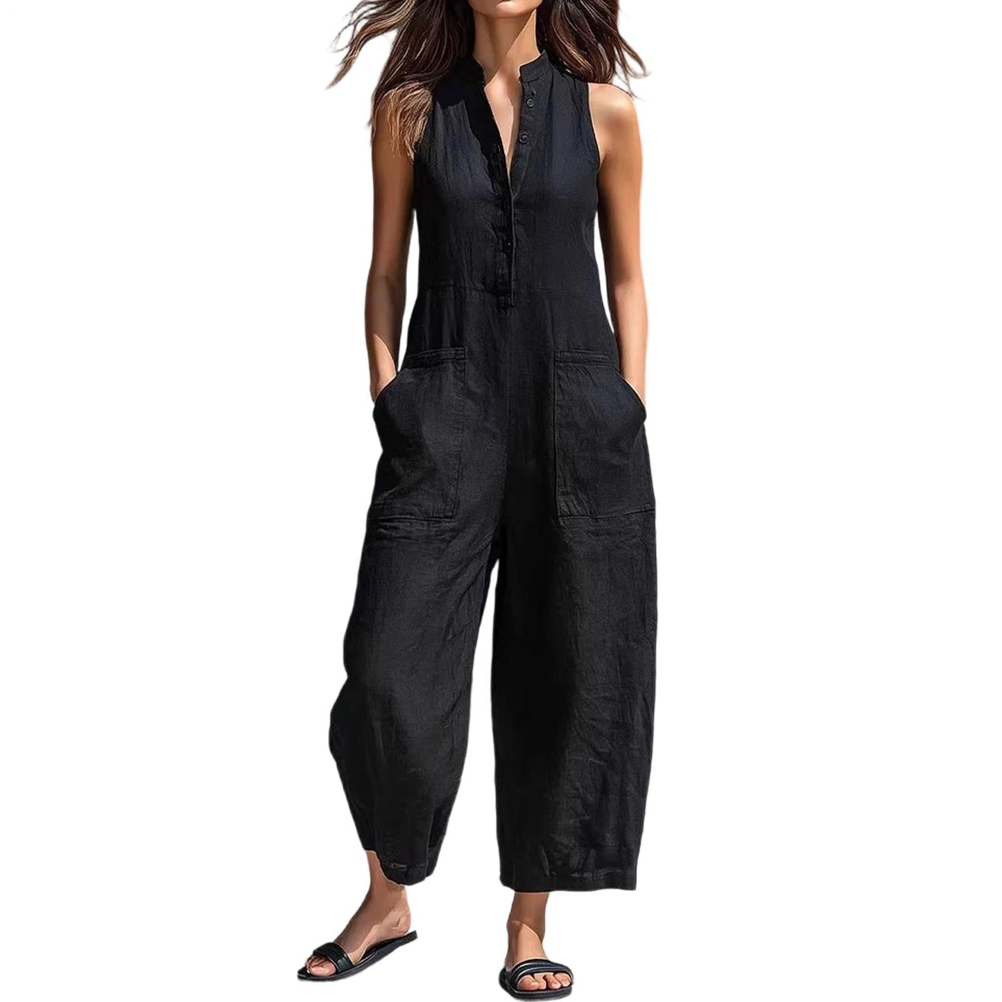 Sleeveless Jumpsuits for Women Button Front Stand Collar Sleeveless Loose Wide Leg Jumpsuit for Vacation charmingly