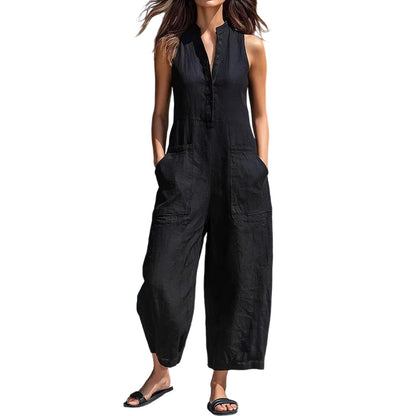 Sleeveless Jumpsuits for Women Button Front Stand Collar Sleeveless Loose Wide Leg Jumpsuit for Vacation charmingly