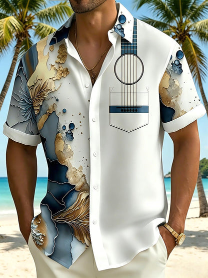 Art Gilded Abstract Marble Texture Guitar Men's Pocket Short Sleeve Shirts