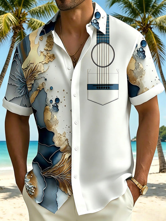 Art Gilded Abstract Marble Texture Guitar Men's Pocket Short Sleeve Shirts
