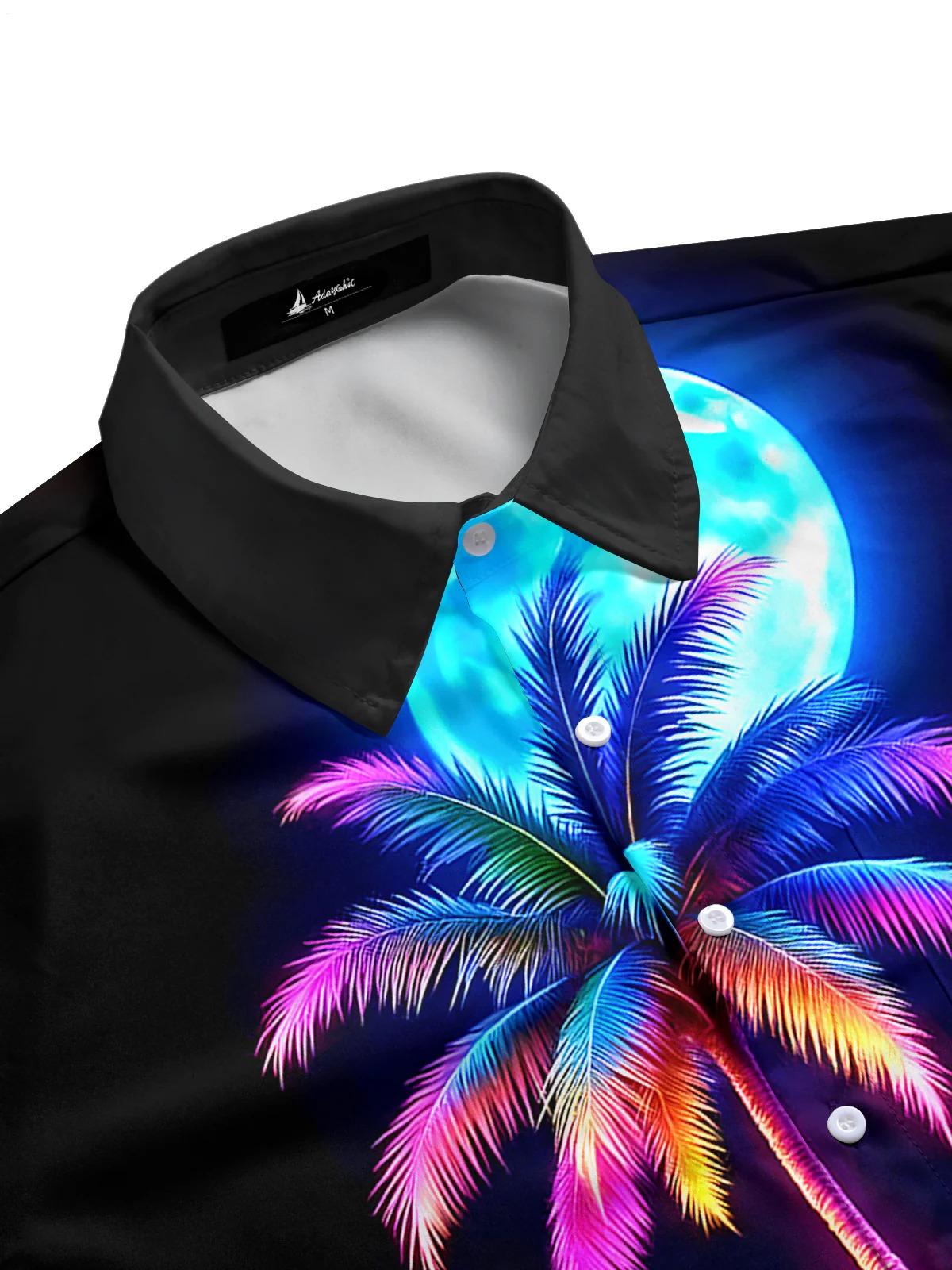 Hawaiian Coconut Tree Moon Men's Pocket Short Sleeve Shirts