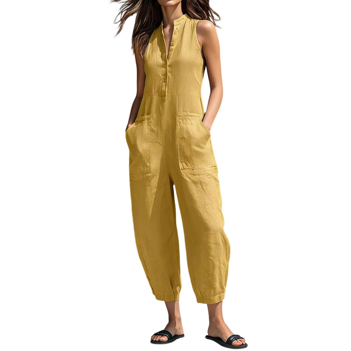 Sleeveless Jumpsuits for Women Button Front Stand Collar Sleeveless Loose Wide Leg Jumpsuit for Vacation charmingly