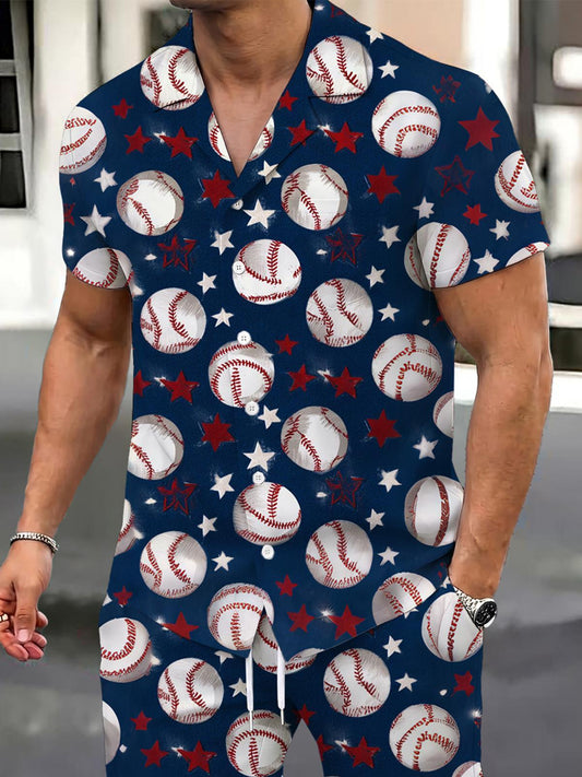 Independence Day Baseball Print Men's Pocket Short Sleeve Set