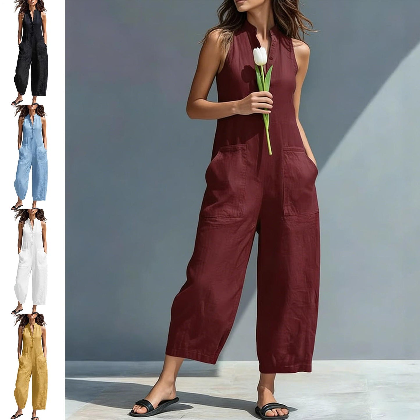 Sleeveless Jumpsuits for Women Button Front Stand Collar Sleeveless Loose Wide Leg Jumpsuit for Vacation charmingly