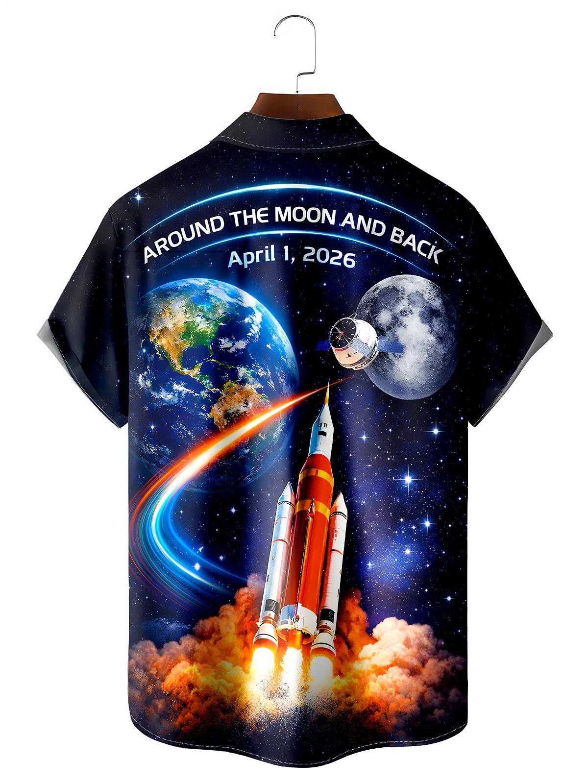 Space Rocket Launch Lunar Exploration Men's Pocket Short Sleeve Shirts