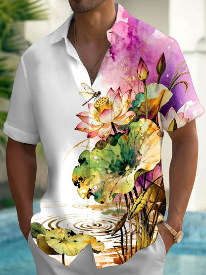 Art Watercolor Gold Foil Lotus Dragonfly Men's Pocket Short Sleeve Shirts