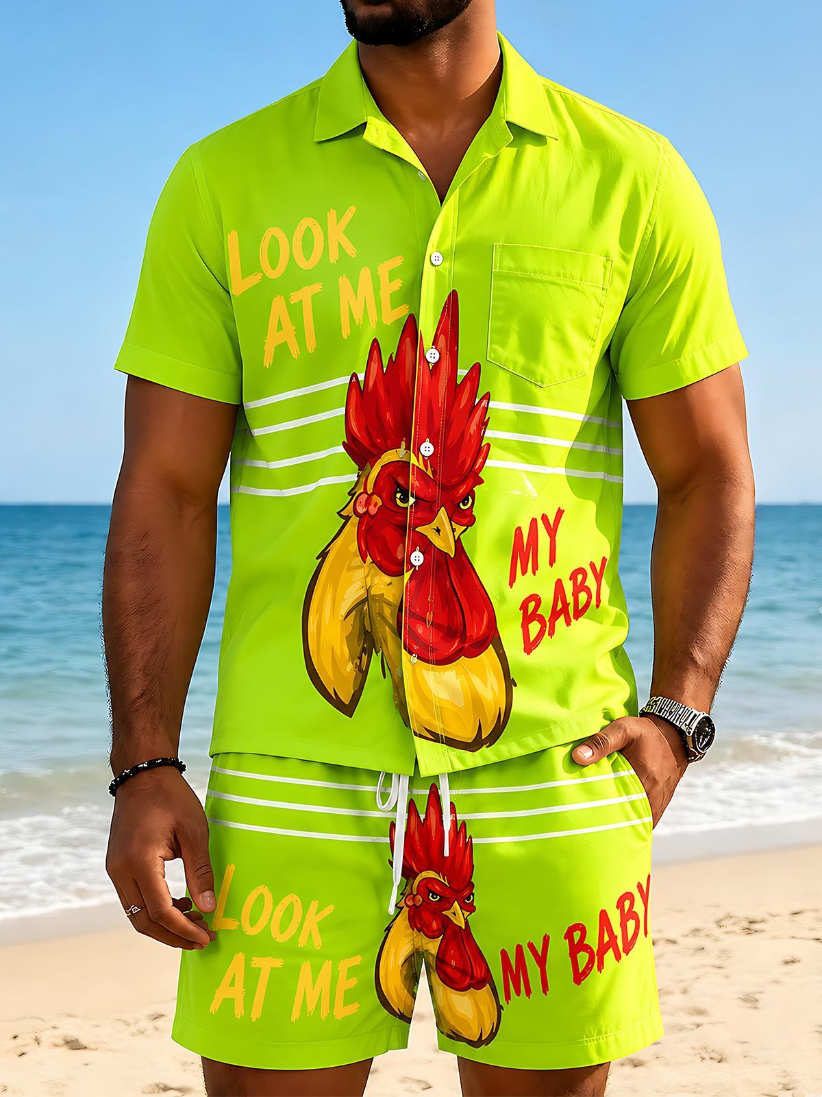 Fun Rooster Cartoon Men's Short Sleeve Pocket Shirts And Shorts Set