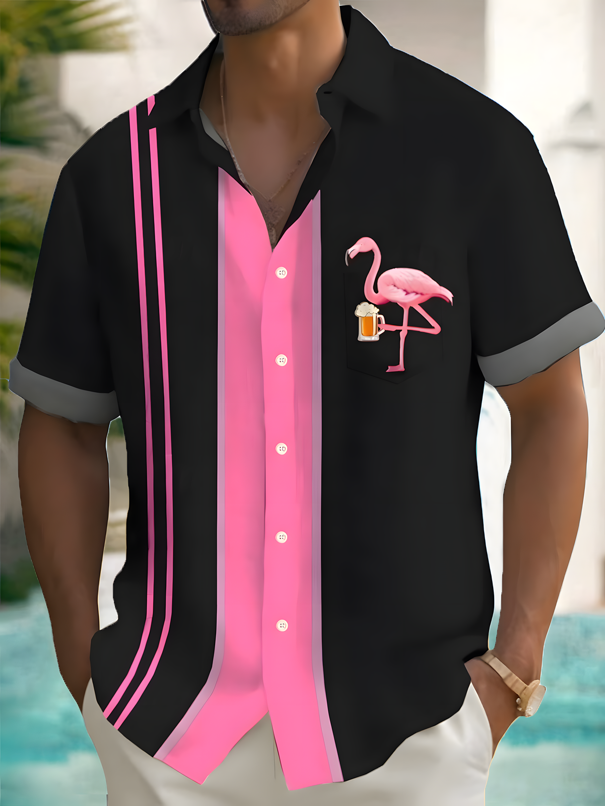 Hawaiian Flamingo Print Men's Pocket Short Sleeve Shirts