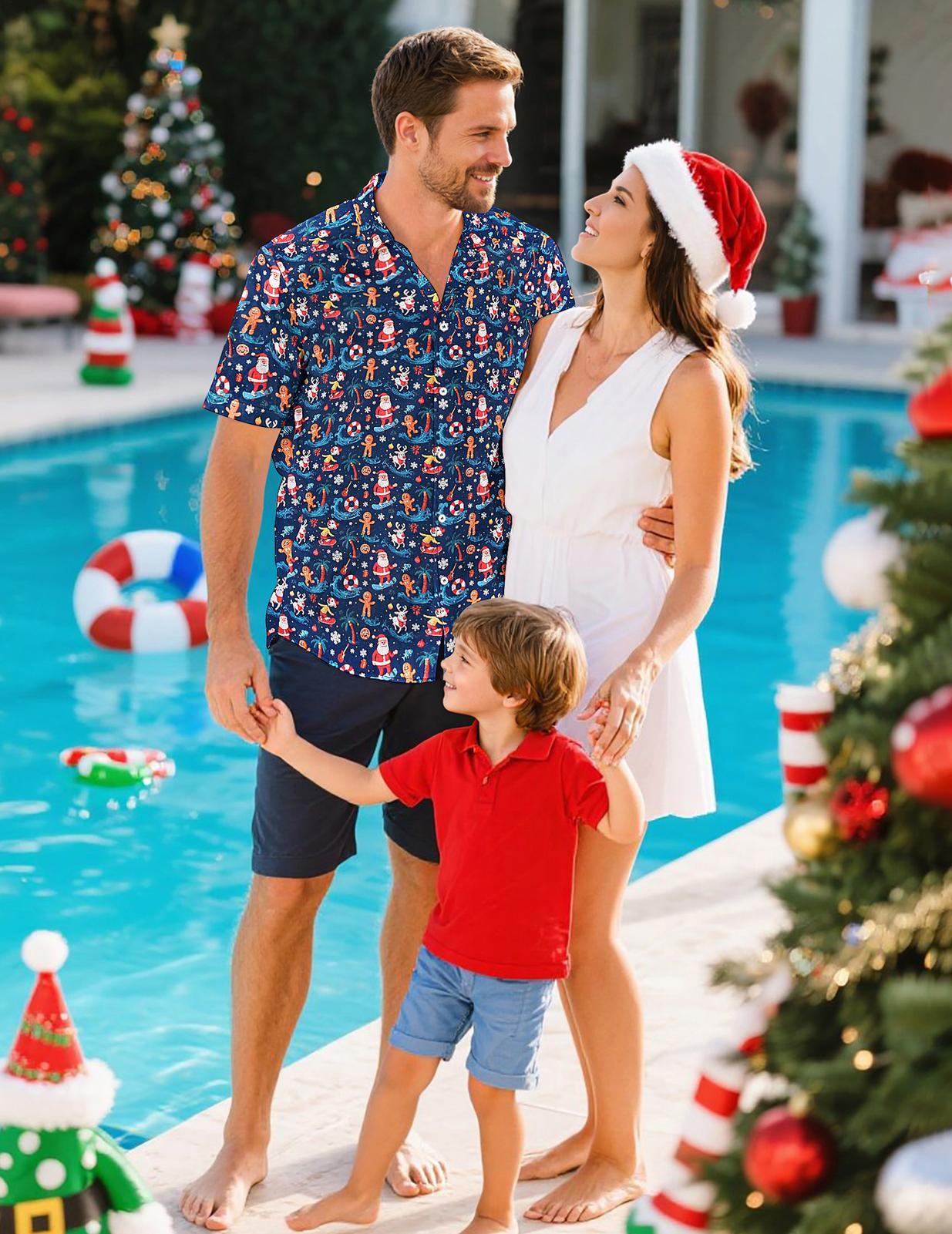 Mens Christmas Shirt Santa Print Loose Button Down Hawaiian Shirts Casual Summer Tops for Party Dating Everyday Wear forceful