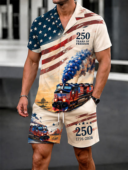USA 250th Anniversary Train Independence Day Men's Pocket Short Sleeve Shirts