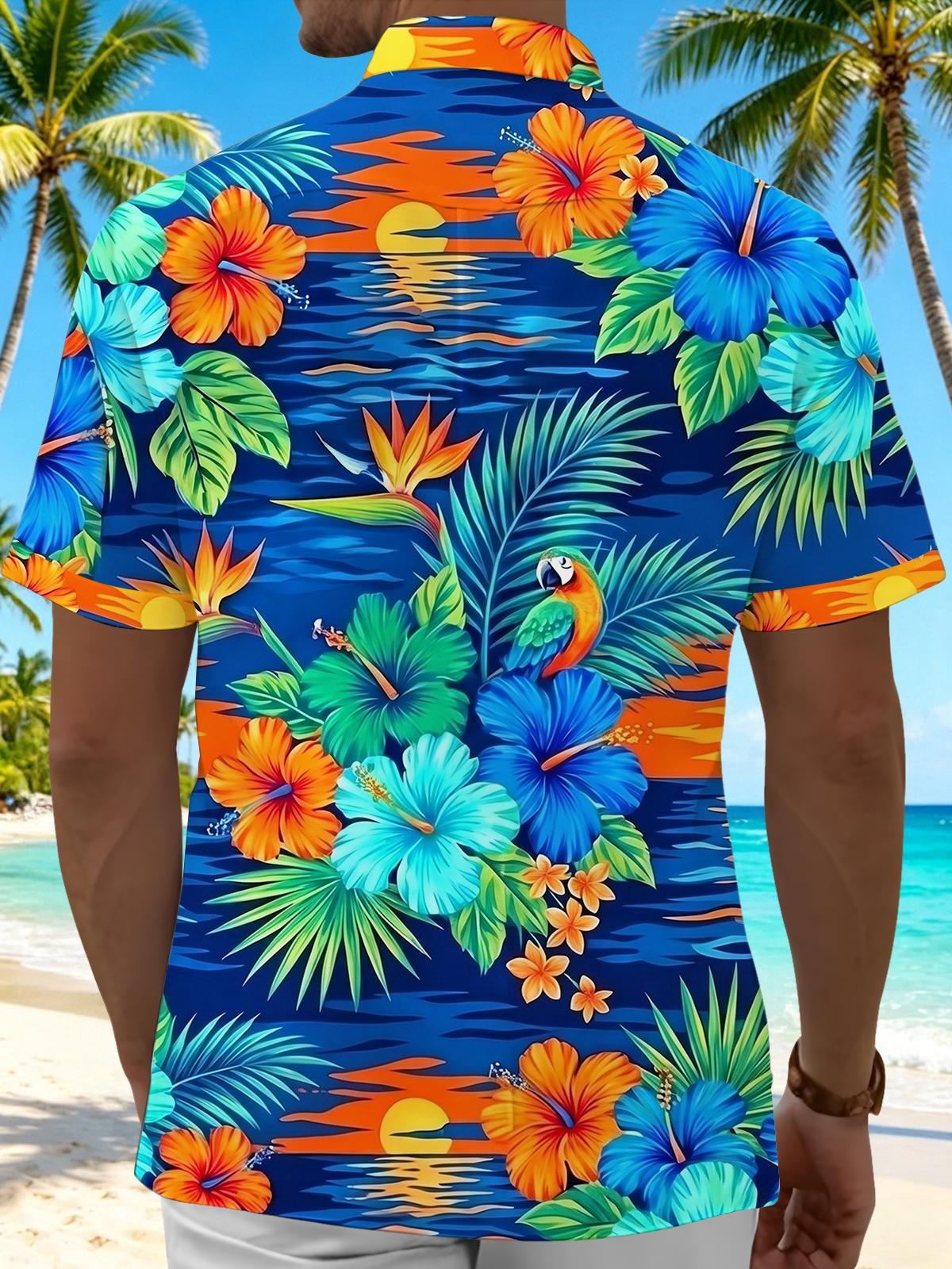 Hawaiian Tropical Floral Parrot Men's Pocket Short Sleeve Shirts