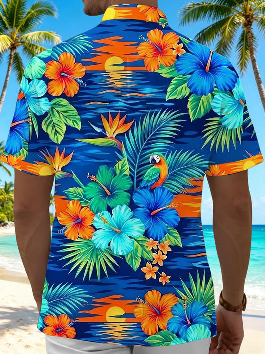 Hawaiian Tropical Floral Parrot Men's Pocket Short Sleeve Shirts