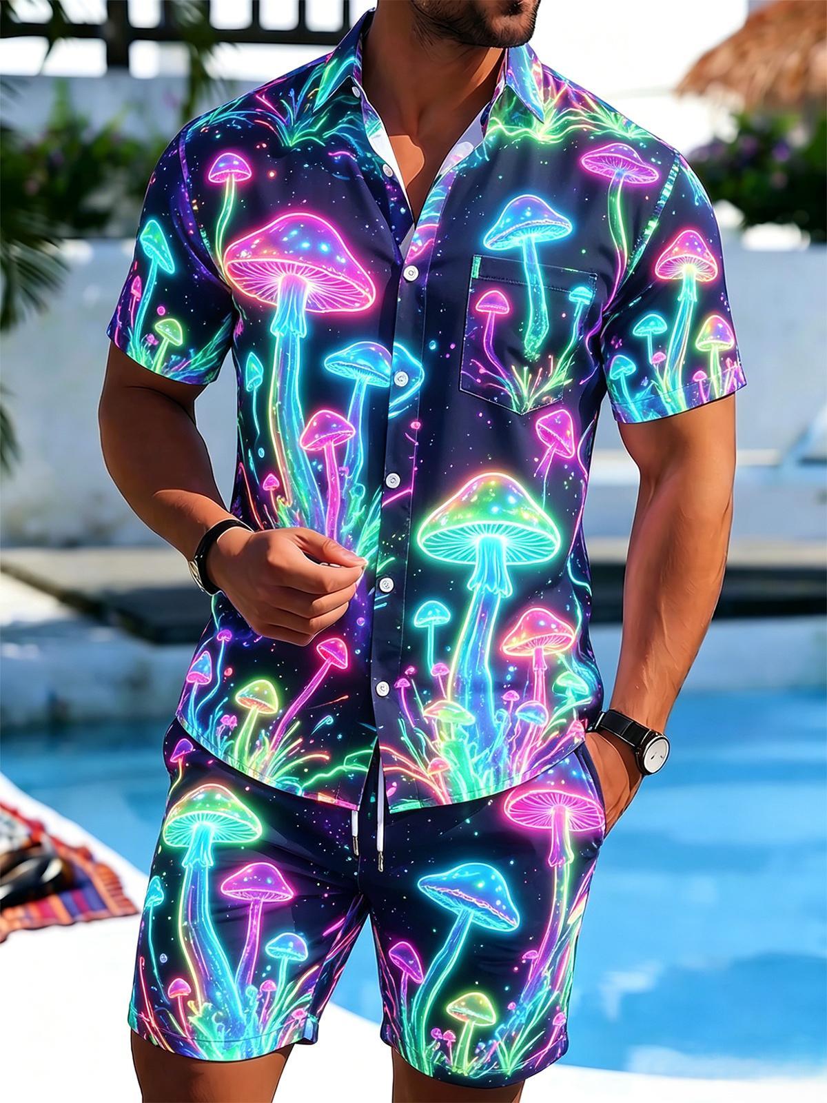 Neon Glowing Mushroom Men's Short Sleeve Pocket Shirts And Shorts Set