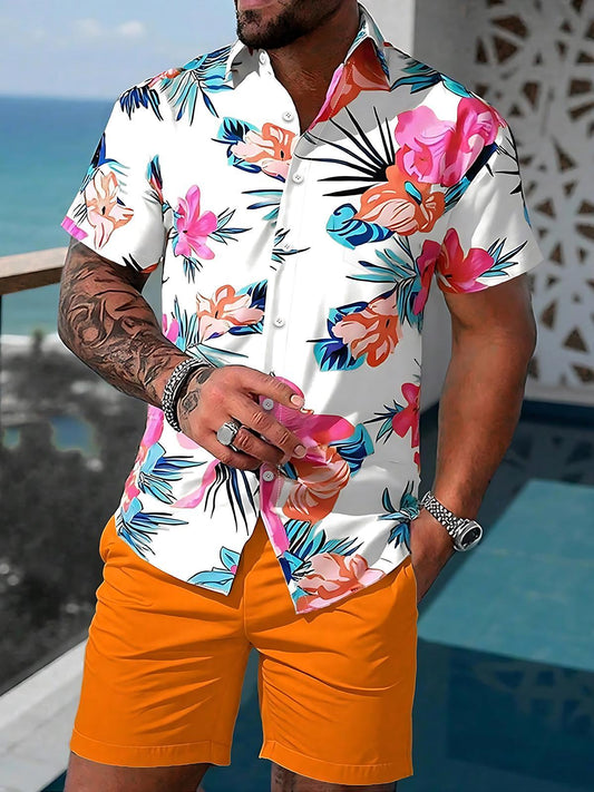 Hawaiian Floral Men's Short Sleeve Pocket Shirts And Shorts Set