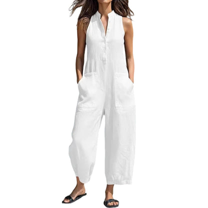 Sleeveless Jumpsuits for Women Button Front Stand Collar Sleeveless Loose Wide Leg Jumpsuit for Vacation charmingly