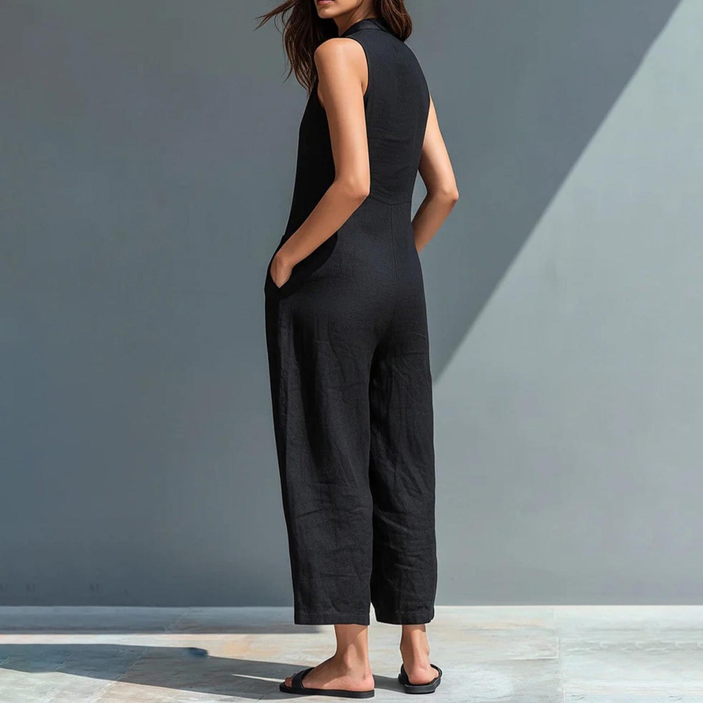 Sleeveless Jumpsuits for Women Button Front Stand Collar Sleeveless Loose Wide Leg Jumpsuit for Vacation charmingly