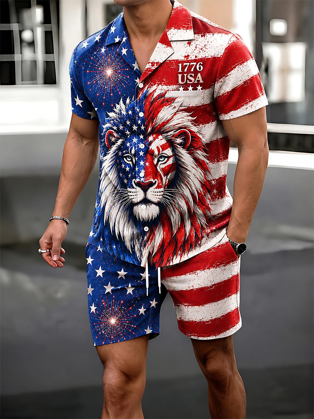 Independence Day American Flag Lion Men's Pocket Short Sleeve Shirts