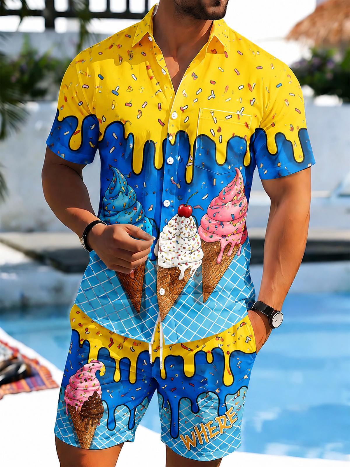 Ice Cream Drip Men's Short Sleeve Pocket Shirts And Shorts Set